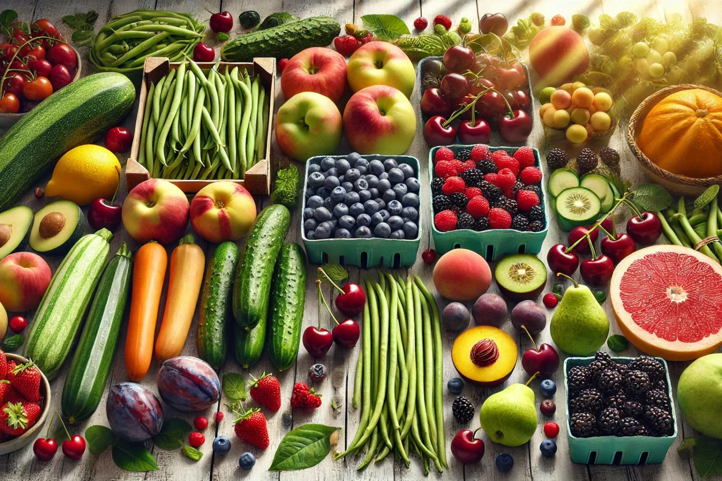 Bunte Auswahl an frischem Obst und Gemüse, darunter Äpfel, Beeren, Gurken, Karotten und Bohnen, auf einem Tisch arrangiert, ideal für gesunde Ernährung und saisonale Küche.