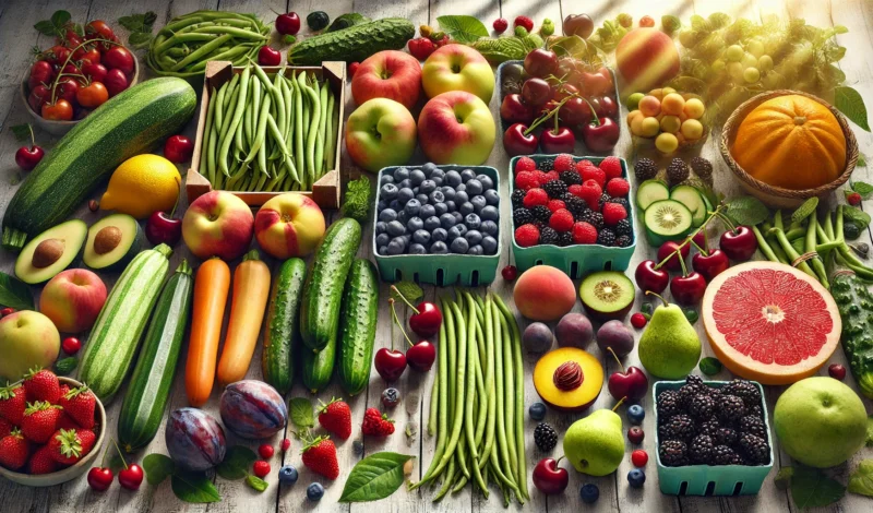 Bunte Auswahl an frischem Obst und Gemüse, darunter Äpfel, Beeren, Gurken, Karotten und Bohnen, auf einem Tisch arrangiert, ideal für gesunde Ernährung und saisonale Küche.