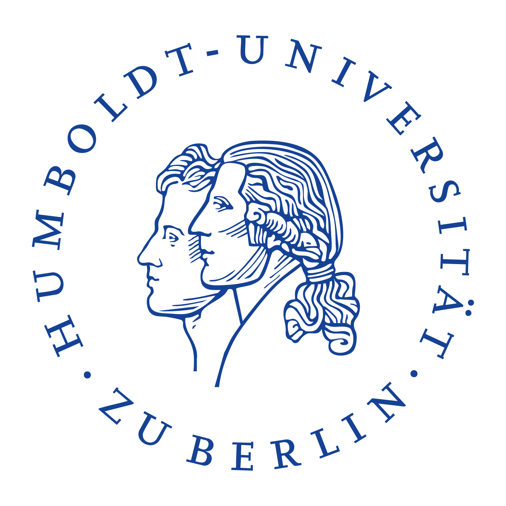 Logo der Humboldt-Universität zu Berlin mit einer stilisierten Darstellung von Wilhelm von Humboldt in blauer Farbe.