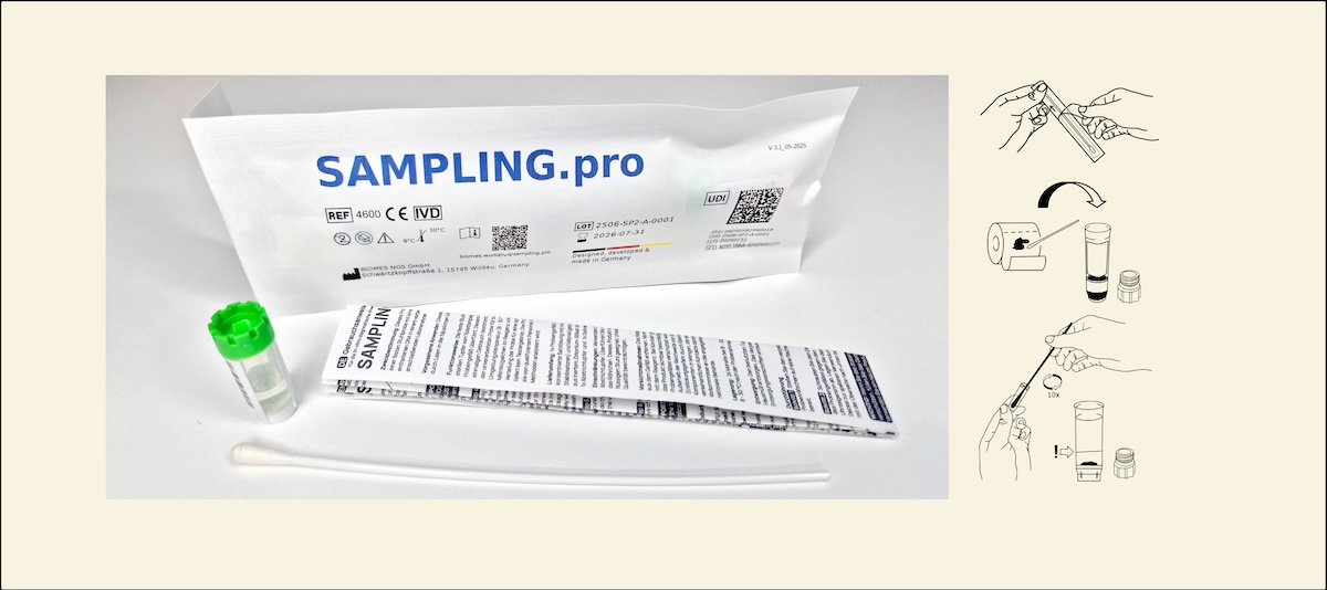 Verpackung von SAMPLING.pro mit einem Teststreifen für medizinische Anwendungen, inklusive QR-Code und CE-Kennzeichnung.